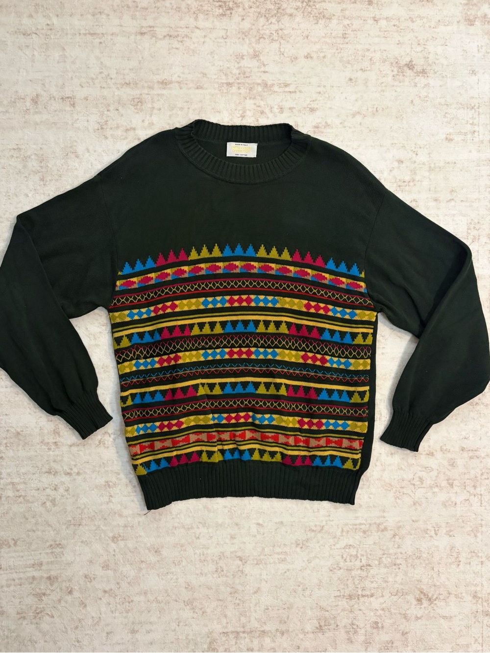 UNITED COLORS OF BENETTON M* VTG 80s Green Geometric Knit Sweater 💯 cotton